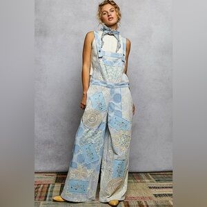 POL Boho Dreamy Blue Patchwork Overalls